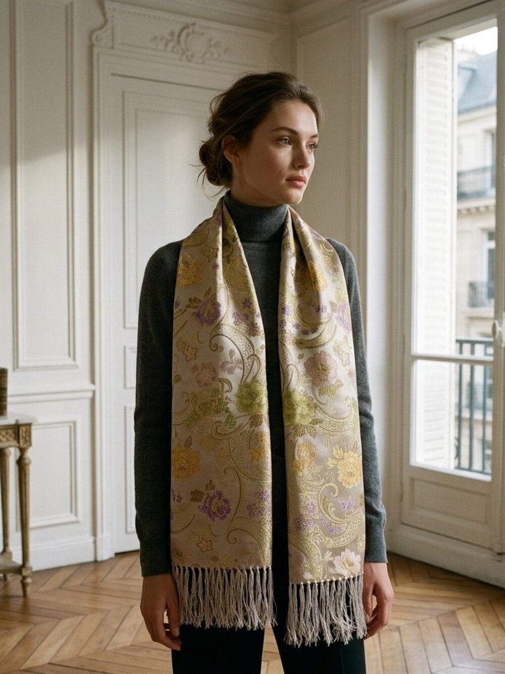 Floral Silk Like Scarf Wrap Gold Lavender Purple Tan White Fringe 54x12